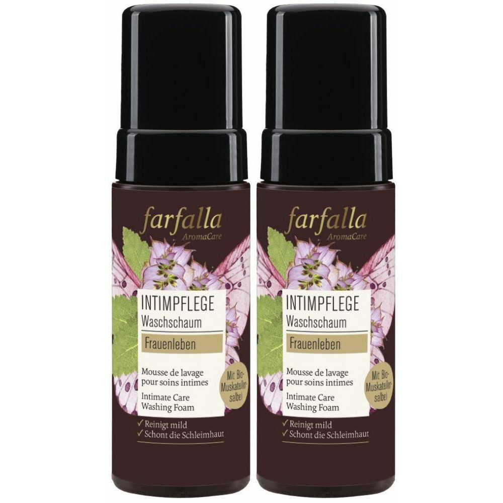 Deux flacons de mousse lavante intime. Inscription : farfalla, Intimpflege, Waschschaum, Frauenleben. Bouchon noir, flacon marron.