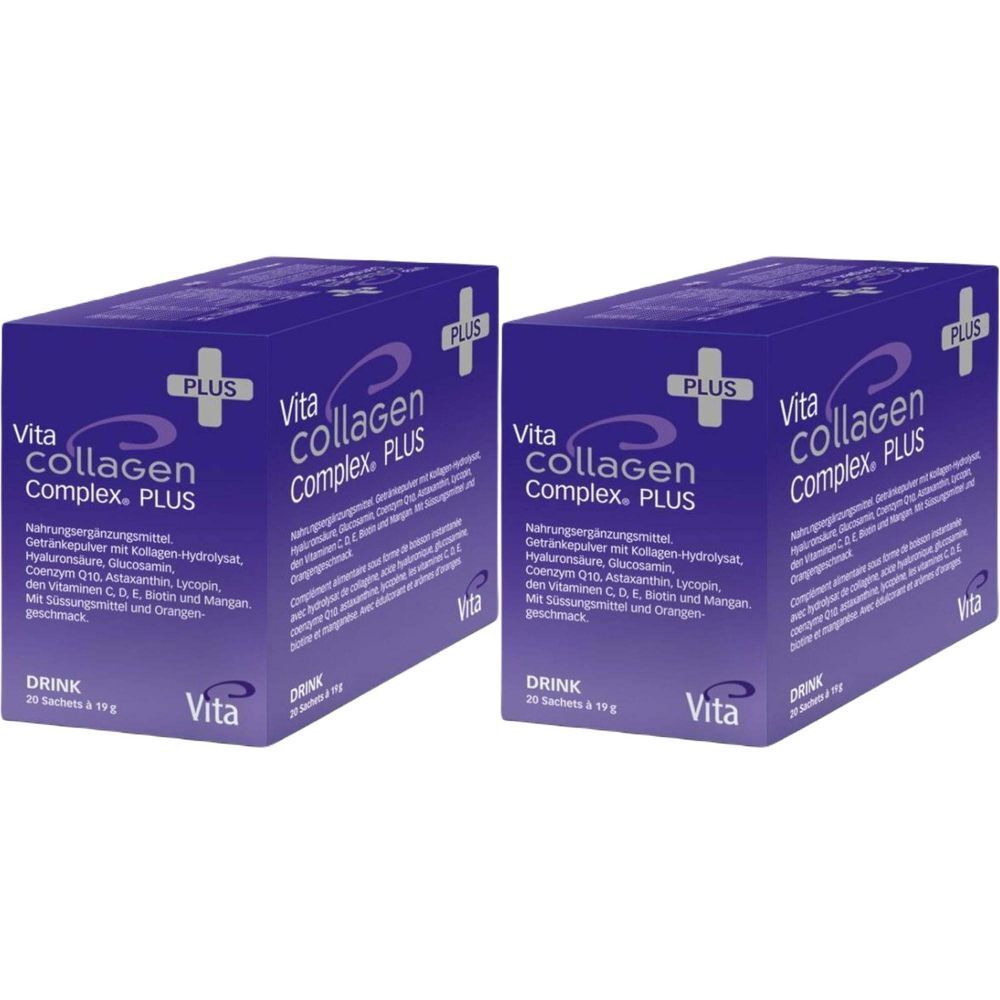 Deux boîtes de Vita Collagen Complex Plus. Boîtes bleues avec texte blanc. Symbole plus en haut.