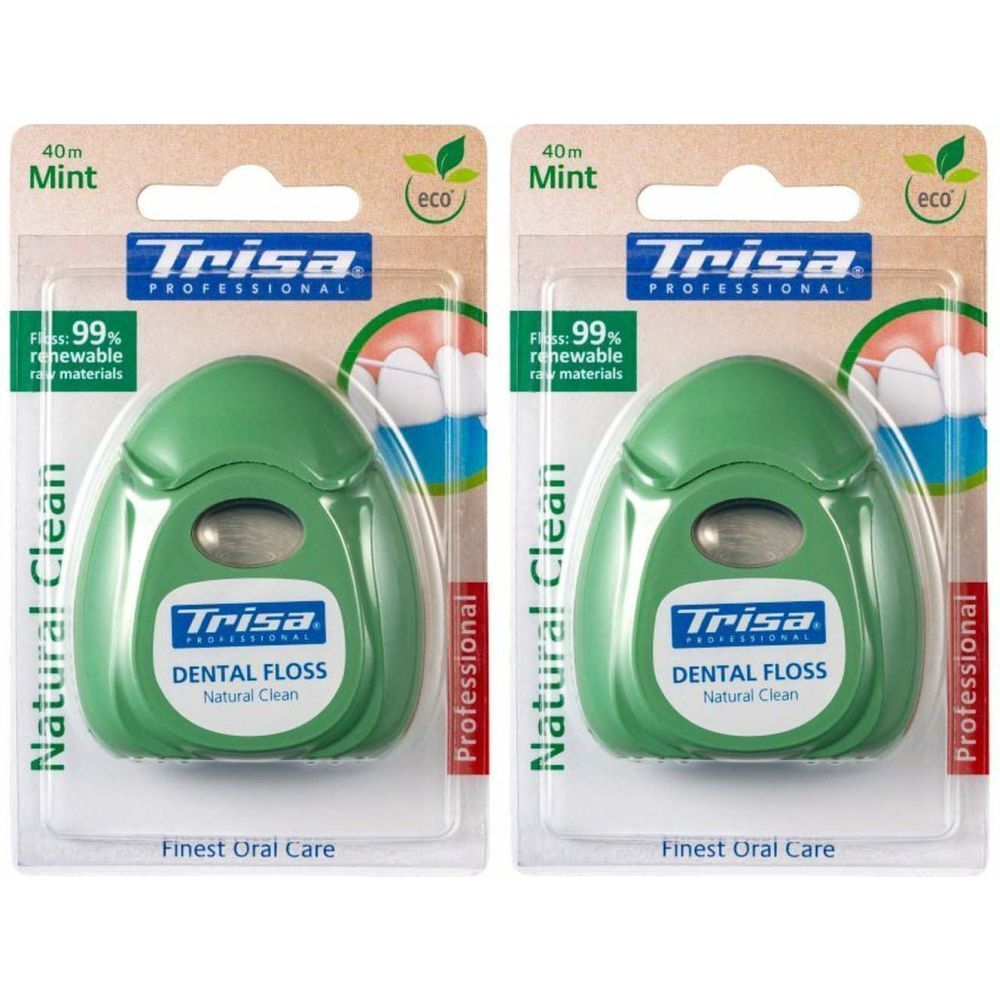Deux paquets de fil dentaire. Récipients en plastique vert avec la marque Trisa et l'inscription "Dental Floss". Goût menthe.