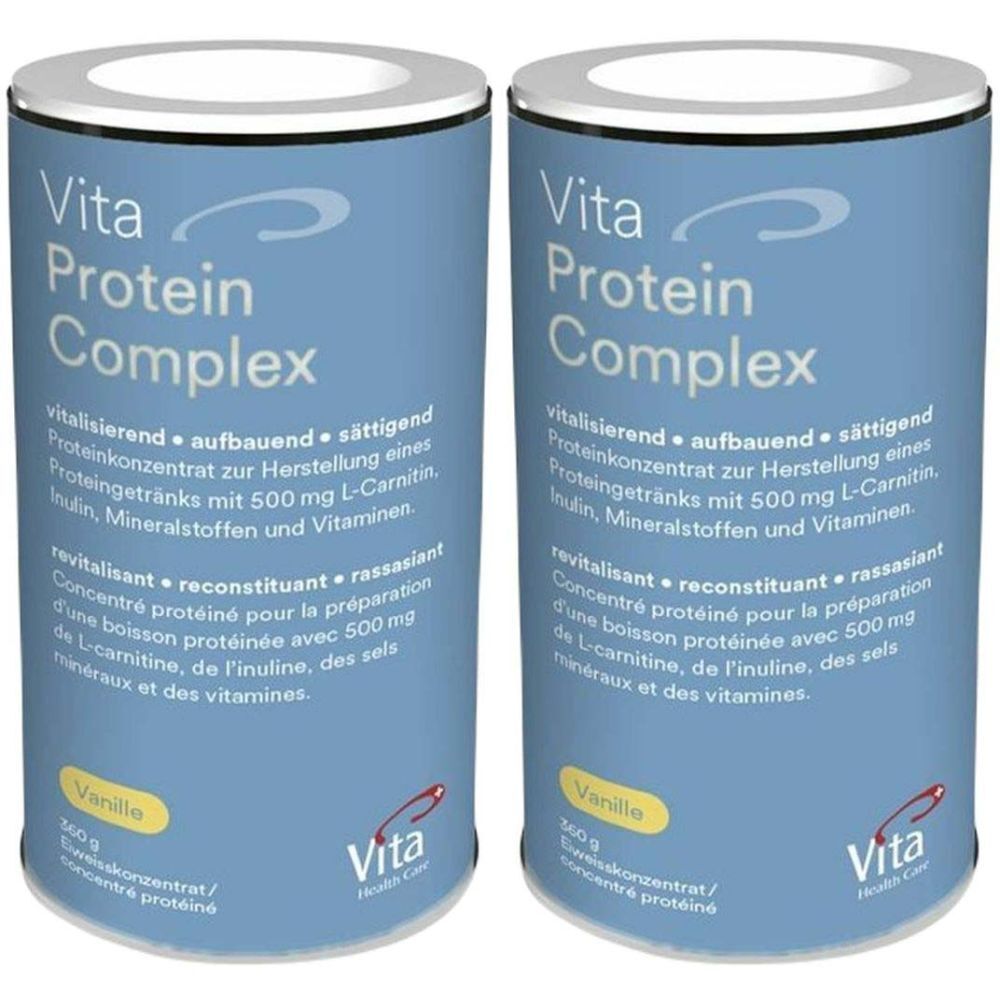 Deux boîtes cylindriques avec l'inscription "Vita Protein Complex". Inscription "Vanille".