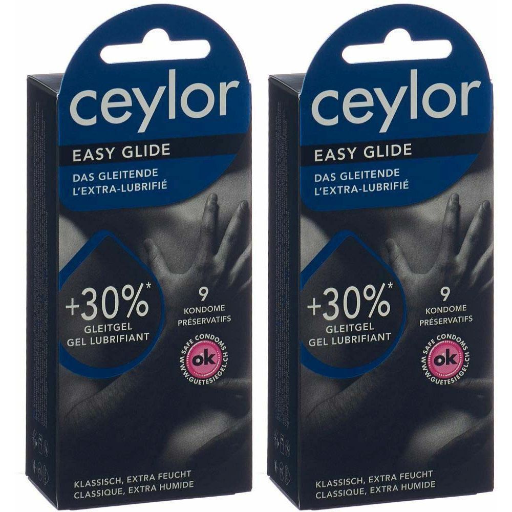 Deux boîtes de préservatifs Ceylor Easy Glide. Emballage bleu avec nom du produit, indication gel lubrifiant et 9 préservatifs.