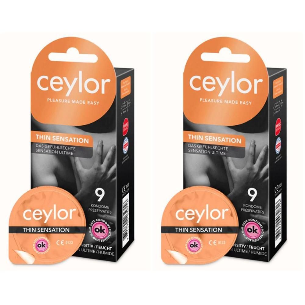 Deux boîtes de préservatifs Ceylor Thin Sensation avec emballage rond. Accroche orange, emballage noir avec informations.
