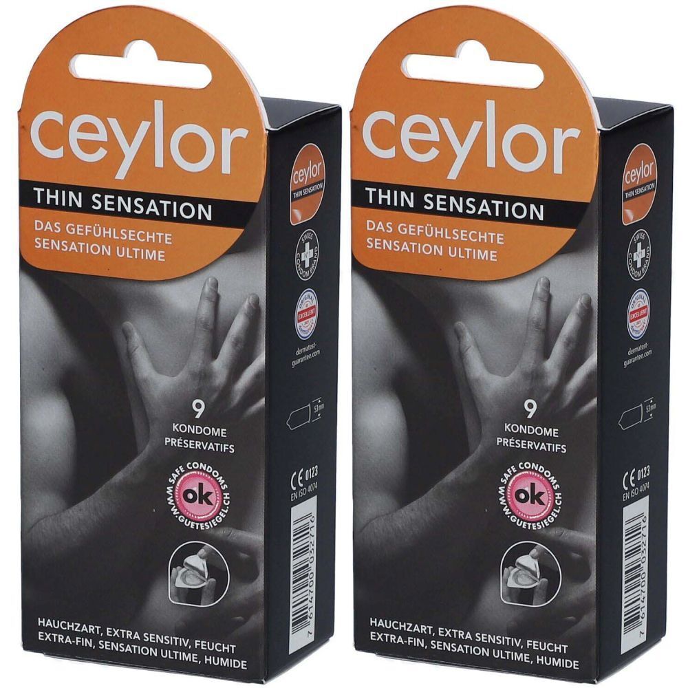 Deux boîtes de préservatifs. Inscription : ceylor, THIN SENSATION, 9 préservatifs. Avec sceau OK. Emballage noir avec suspension orange.