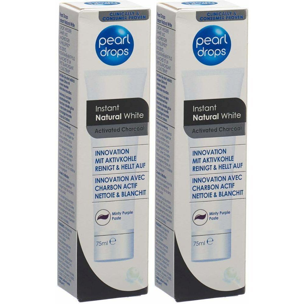 Deux boîtes de dentifrice. Inscription: Pearl Drops Instant Natural White au charbon actif. Emballage avec texte en allemand et français. 75ml.