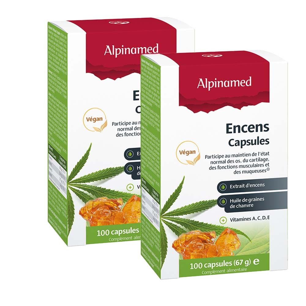 Deux boîtes "Encens Capsules" Alpinamed. Vegan, avec huile de graines de chanvre et vitamines. 100 capsules.