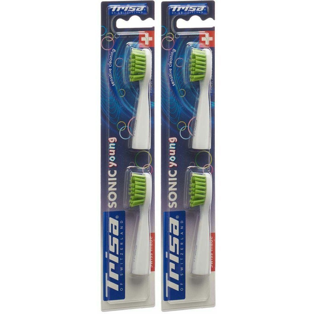 Deux paquets de têtes de brosse de remplacement. Têtes blanches avec poils verts. Marque Trisa, inscription Sonic young.