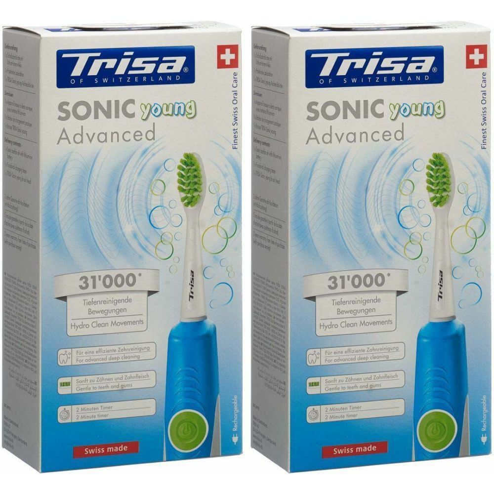 Deux boîtes de brosses à dents TRISA Sonic Young. Brosse à dents bleue avec tête verte. Croix suisse.