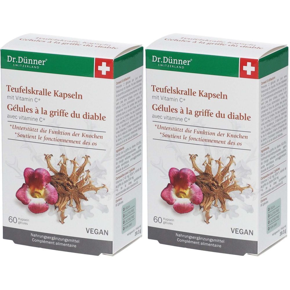Deux boîtes de gélules de griffe du diable DR.DÜNNER. Inscription : Gélules à la griffe du diable avec vitamine C, 60 gélules, vegan. Illustration d'une fleur et d'une racine.