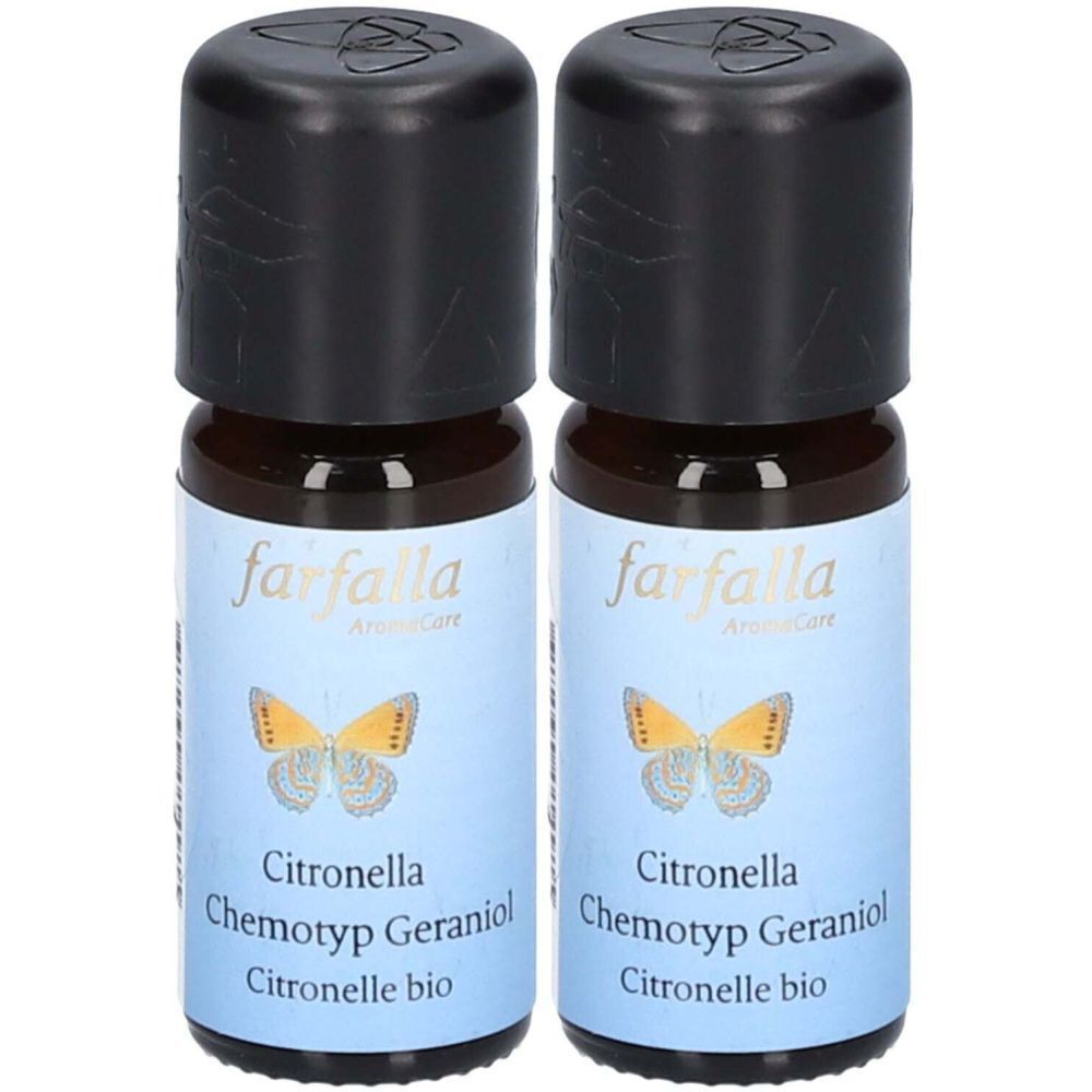 Deux petites bouteilles en verre brun avec des bouchons noirs. Les étiquettes indiquent "farfalla" et "Citronella".