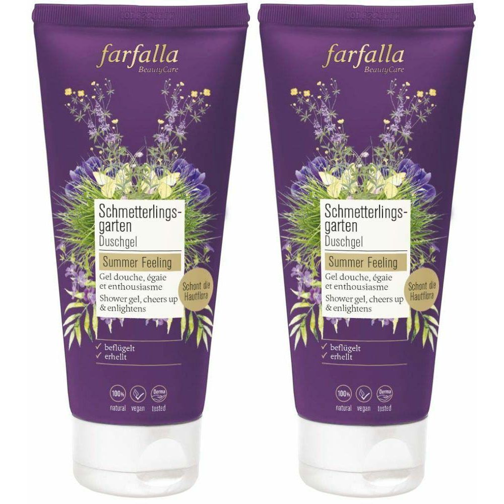 Deux tubes de gel douche violets. Inscription: farfalla, Schmetterlingsgarten, Summer Feeling. Design floral.