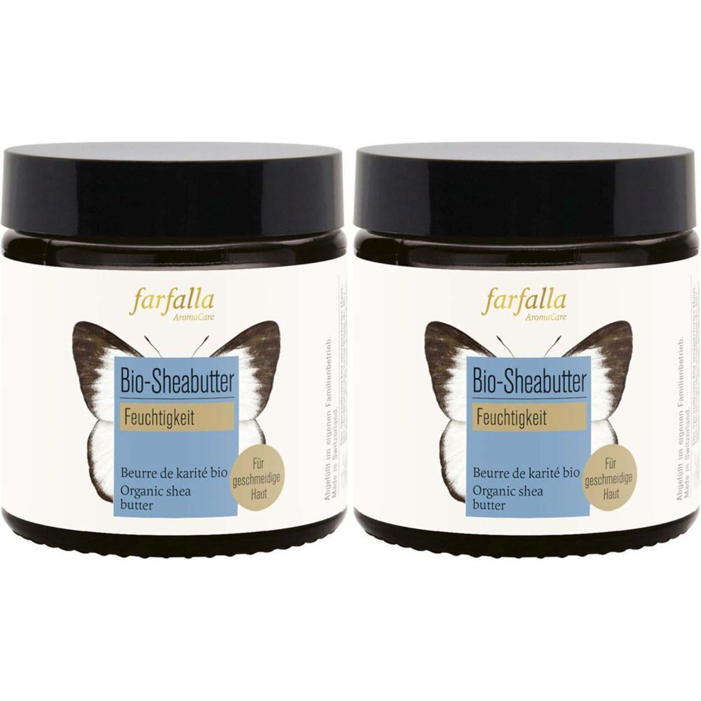 Deux pots de beurre de karité bio farfalla. Couvercle noir, étiquette blanche avec papillon et informations produit.