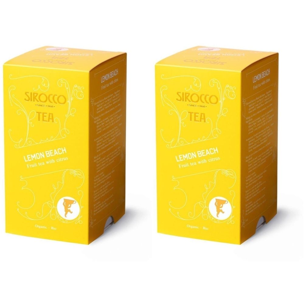 Deux boîtes jaunes de thé SIROCCO. Inscription : SIROCCO TEA, Lemon Beach. Thé aux fruits avec agrumes. Logo avec une figure.