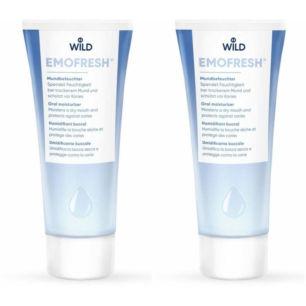 Deux tubes EMOFRESH. Tube blanc avec accent bleu et informations produit. Logo WILD. Hydratant buccal.