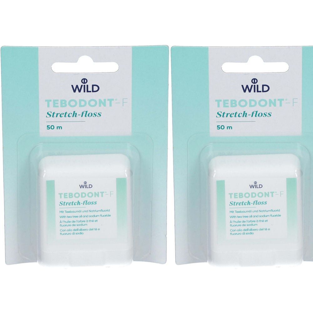 Deux paquets de fil dentaire. Récipients en plastique blanc avec des accents verts. Inscription : TEBODONT-F Stretch-floss, 50 m. Marque : WILD.