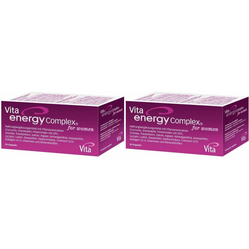Deux boîtes rectangulaires magenta. Inscription: Vita energy Complex for women. Avec informations sur le contenu et logo.