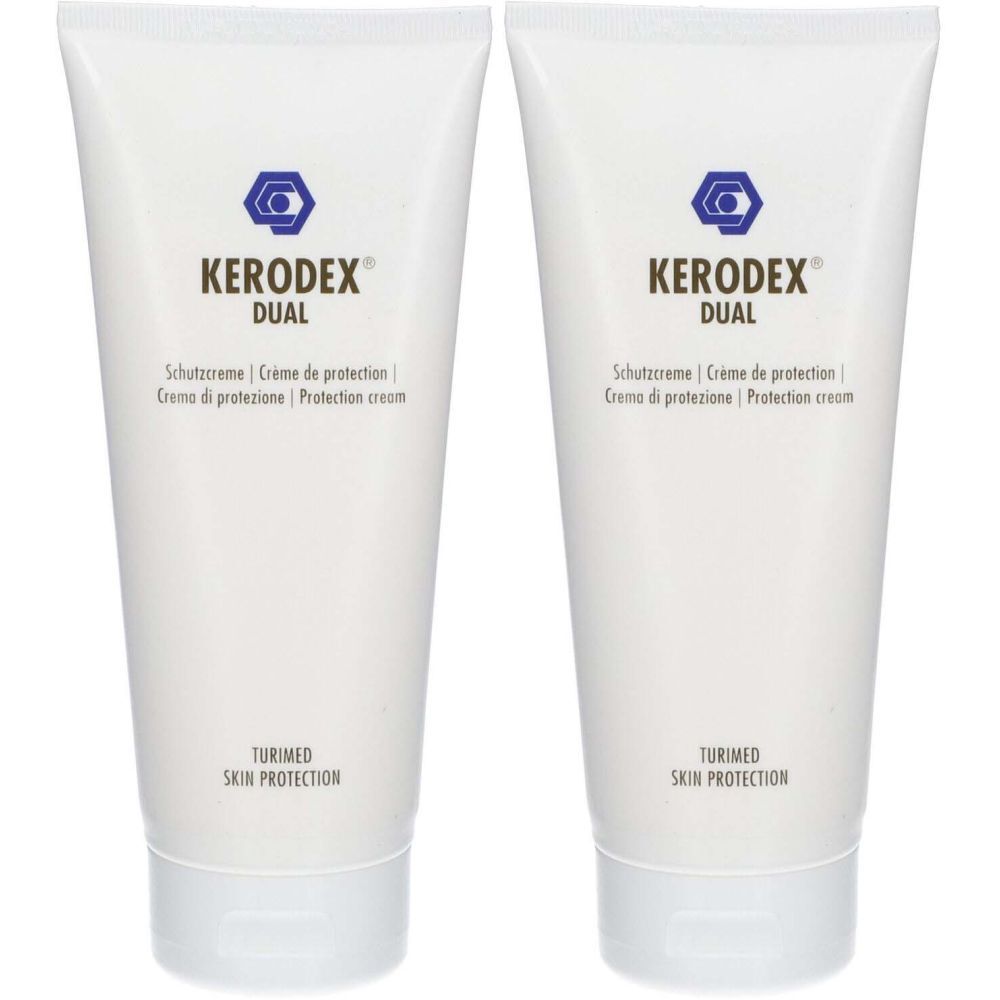 Deux tubes blancs avec texte bleu. Inscription: KERODEX DUAL, crème protectrice, TURIMED SKIN PROTECTION.