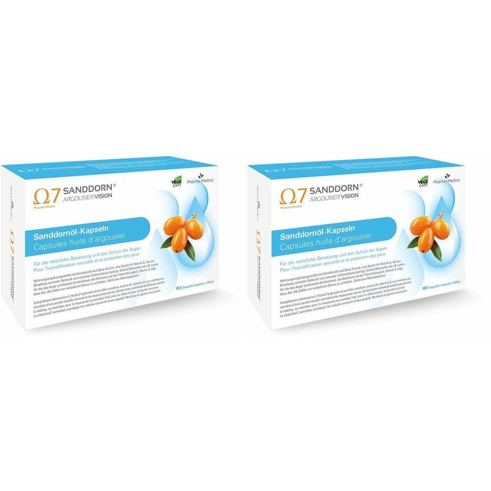 Deux boîtes de gélules. Inscription : SANDDORN, ARCOLISERVISION. Illustration de baies d'argousier. Texte en allemand et en français.