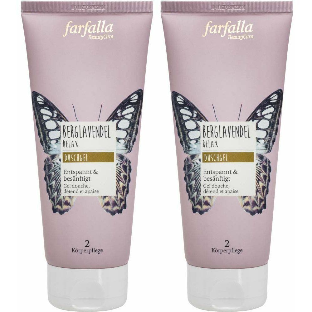 Deux tubes de gel douche roses. Motif papillon et texte. Marque : farfalla.