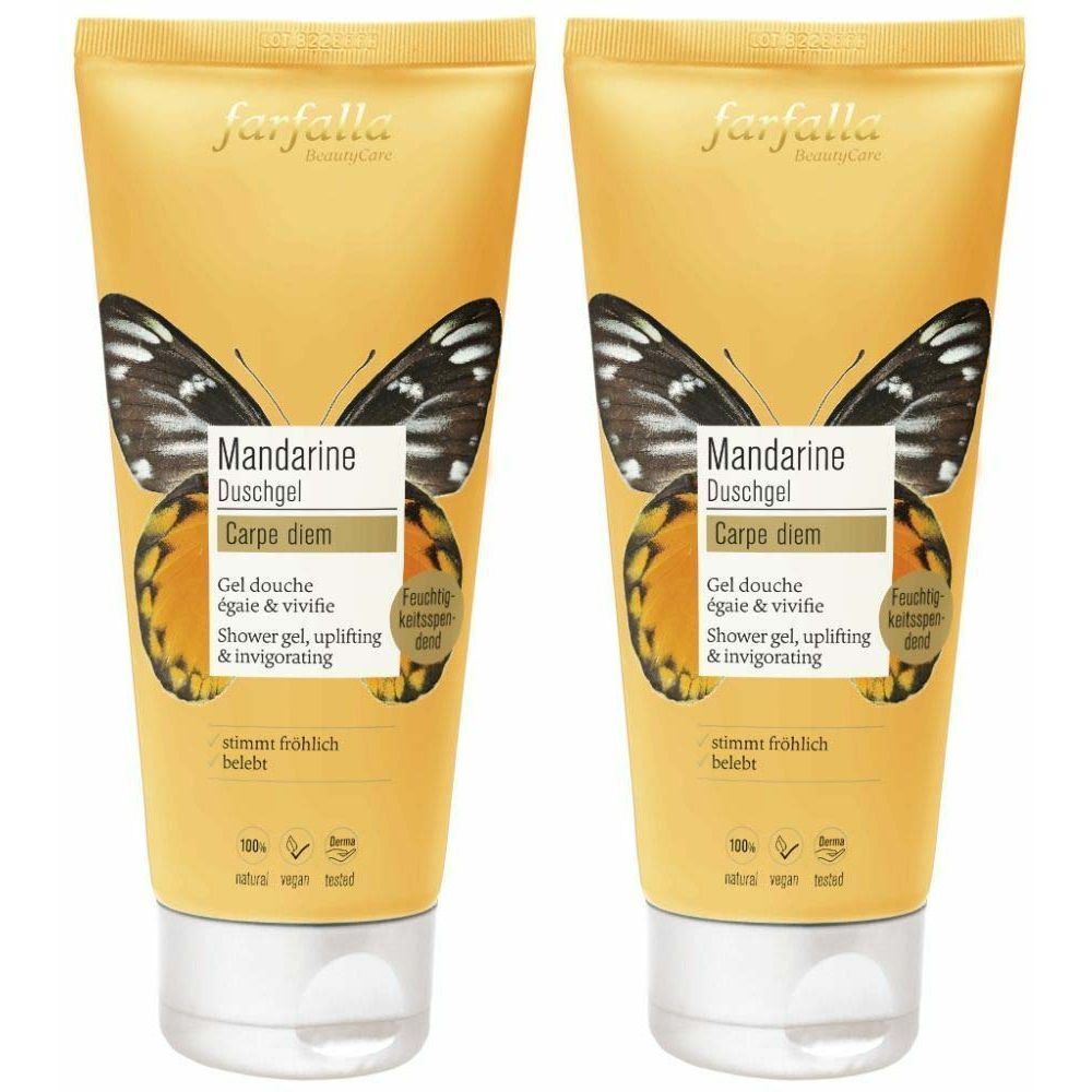 Deux tubes de gel douche. Emballage jaune avec motif papillon et indications produit. Inscriptions en plusieurs langues.