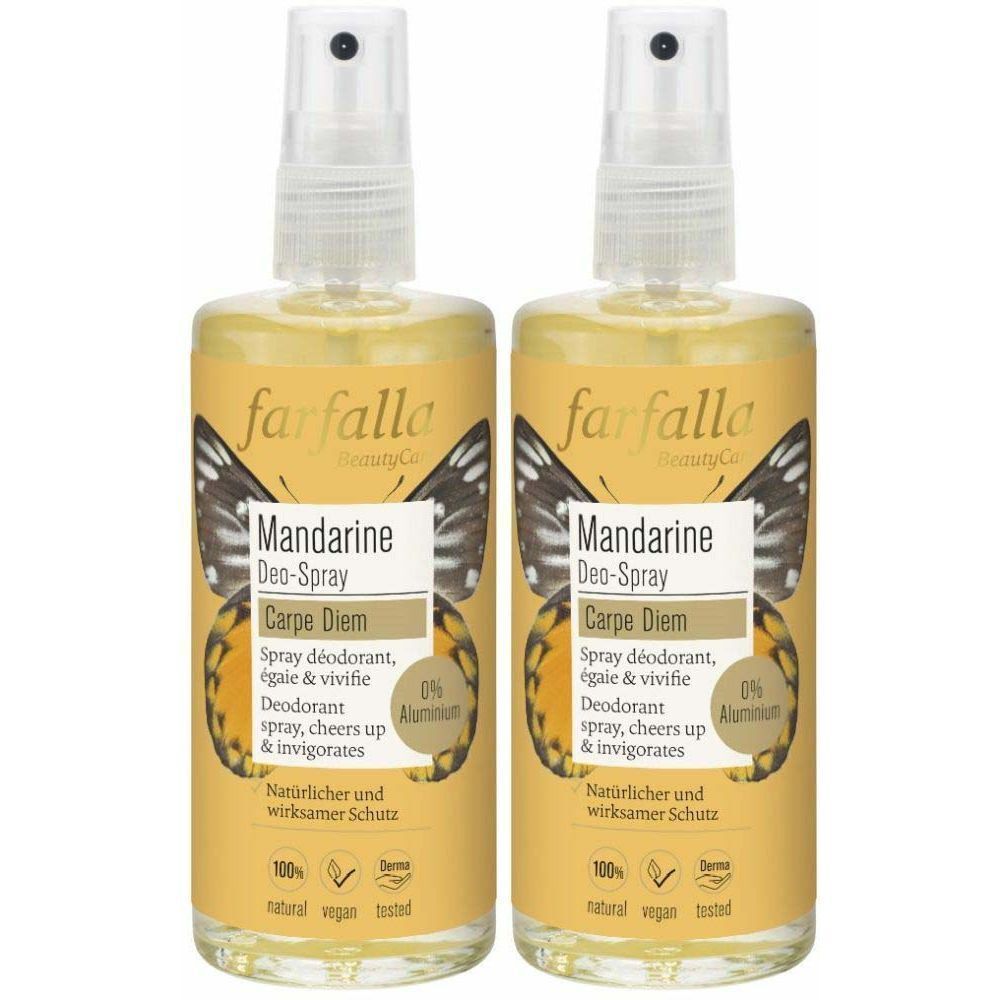 Deux flacons de spray déodorant Mandarine. Inscription : farfalla, Mandarine, Carpe Diem. 0% Aluminium. Vegan.