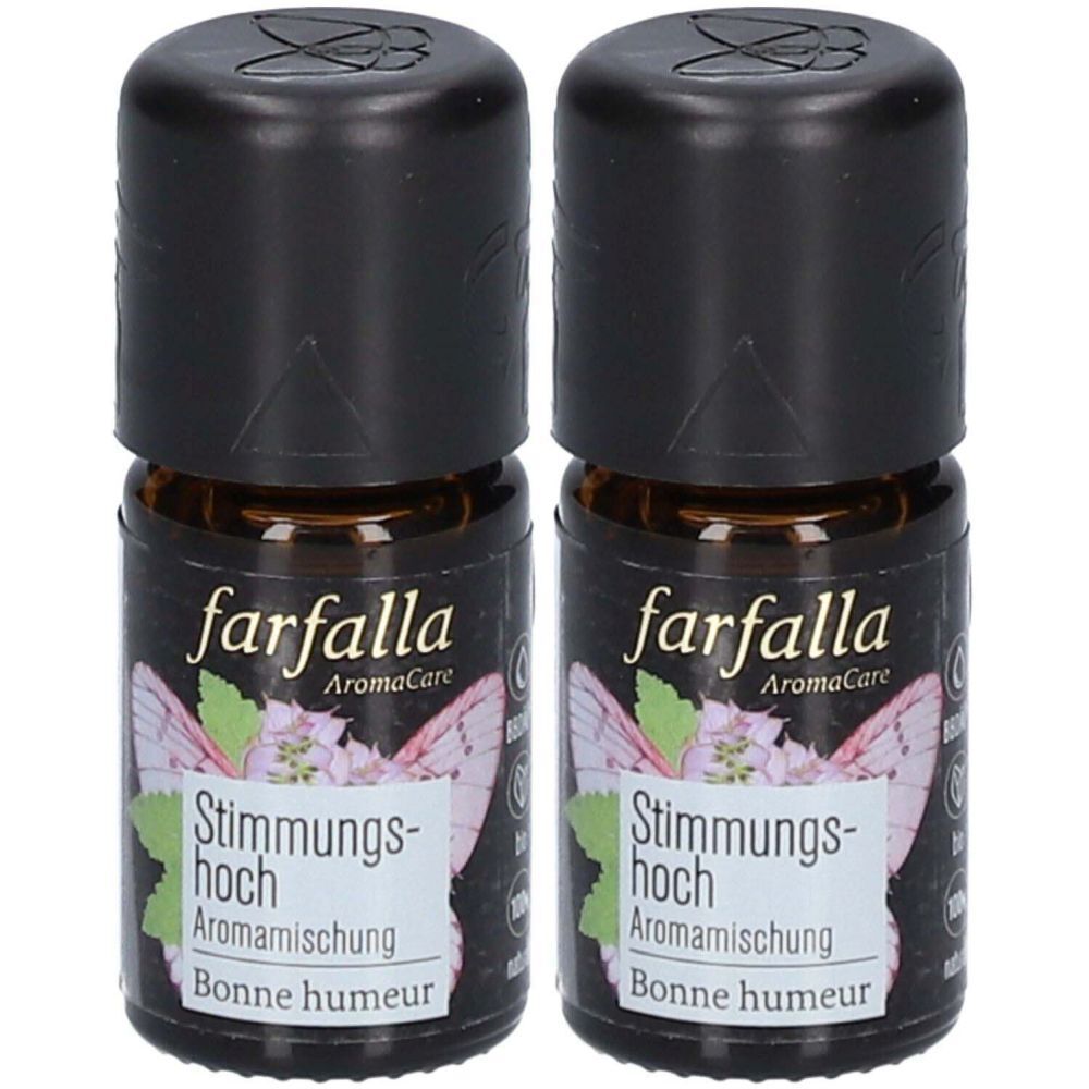 Deux petites bouteilles marron avec bouchons noirs. L'étiquette indique "farfalla AromaCare Stimmungshoch" et "Bonne humeur".