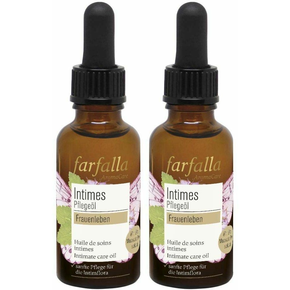 Deux flacons en verre brun avec compte-gouttes noir. Inscription : farfalla Intimes Pflegeöl Frauenleben.