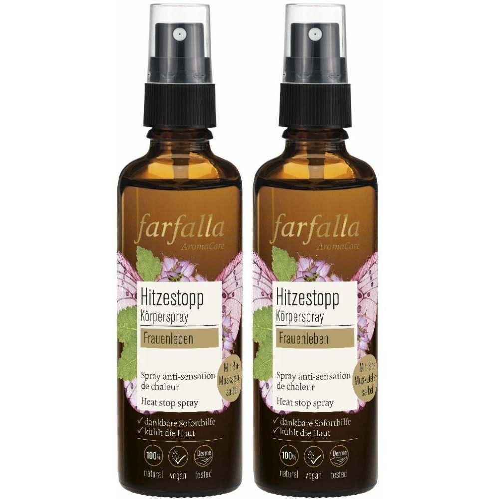 Deux flacons pulvérisateurs bruns avec des têtes de pulvérisation noires. Les étiquettes indiquent "farfalla Hitzestopp Körperspray Frauenleben".