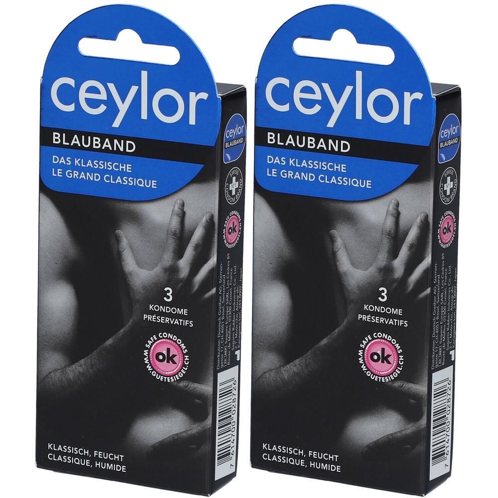 Deux boîtes de préservatifs Ceylor Blauband. Emballage bleu avec nom du produit et contenu. Label OK.