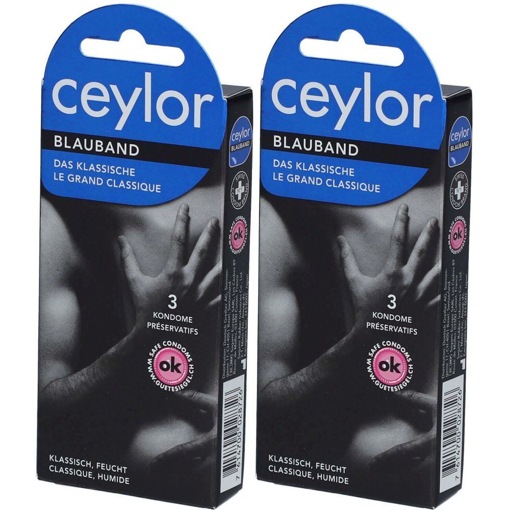 Deux boîtes de préservatifs Ceylor Blauband. Accroches bleues avec logo. Emballage noir avec nom du produit et indication de 3 préservatifs.