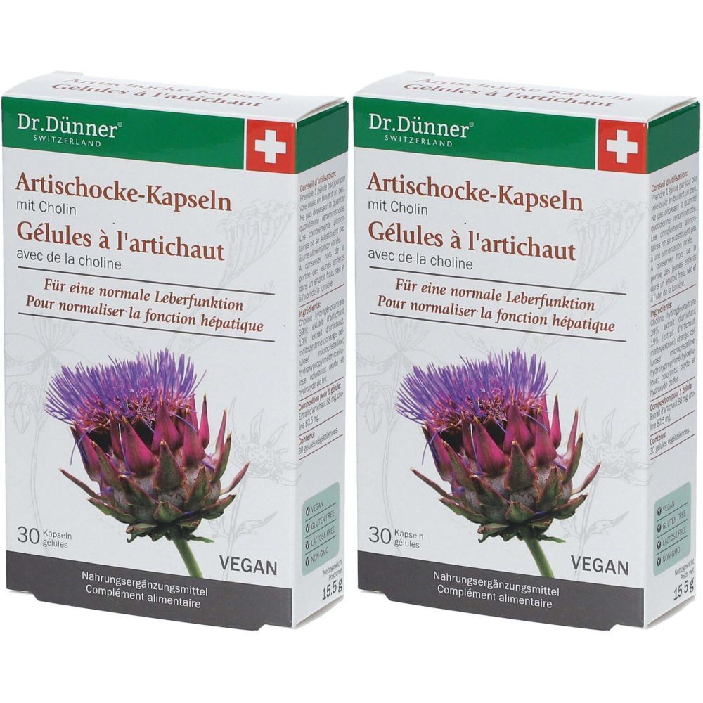 Deux boîtes de gélules d'artichaut DR. Dünner. Inscription : Artischocke-Kapseln, Gélules à l'artichaut, 30 gélules, Vegan.