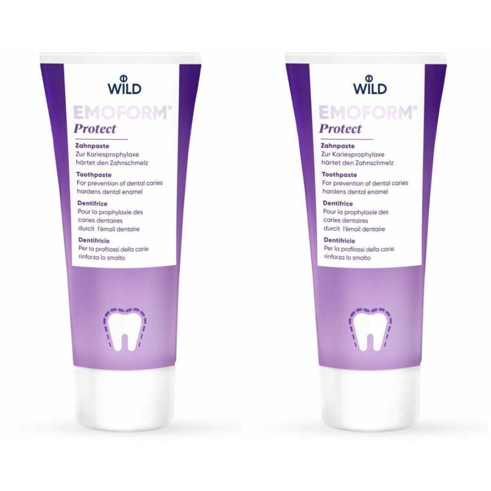 Deux tubes de dentifrice EMOFORM Protect. Emballage violet et blanc avec nom du produit et symbole dentaire.