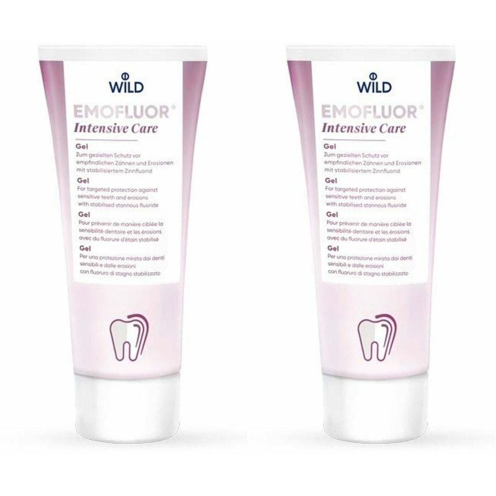 Deux tubes de gel EMOFLUOR® Intensive Care. Emballage rose et blanc avec nom du produit et symbole dentaire.