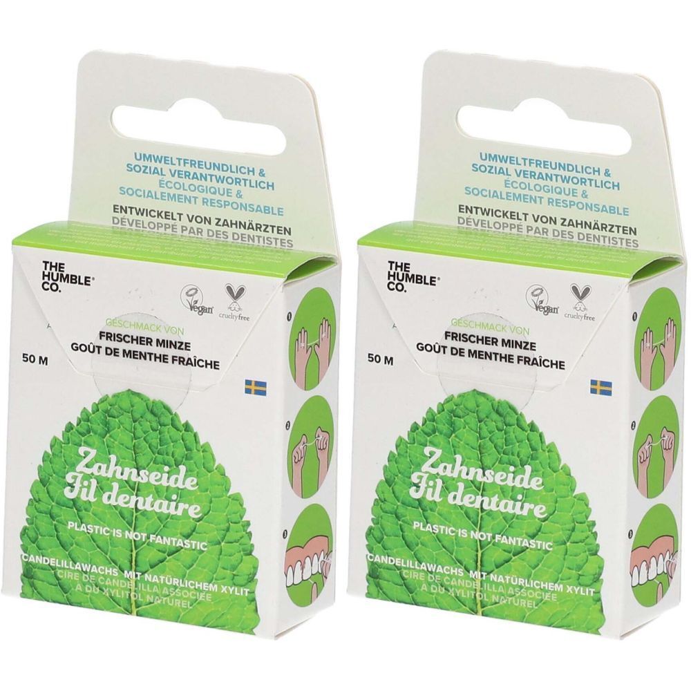 Deux boîtes de fil dentaire à la menthe. Inscription : THE HUMBLE CO. et Fil dentaire. Label vegan.