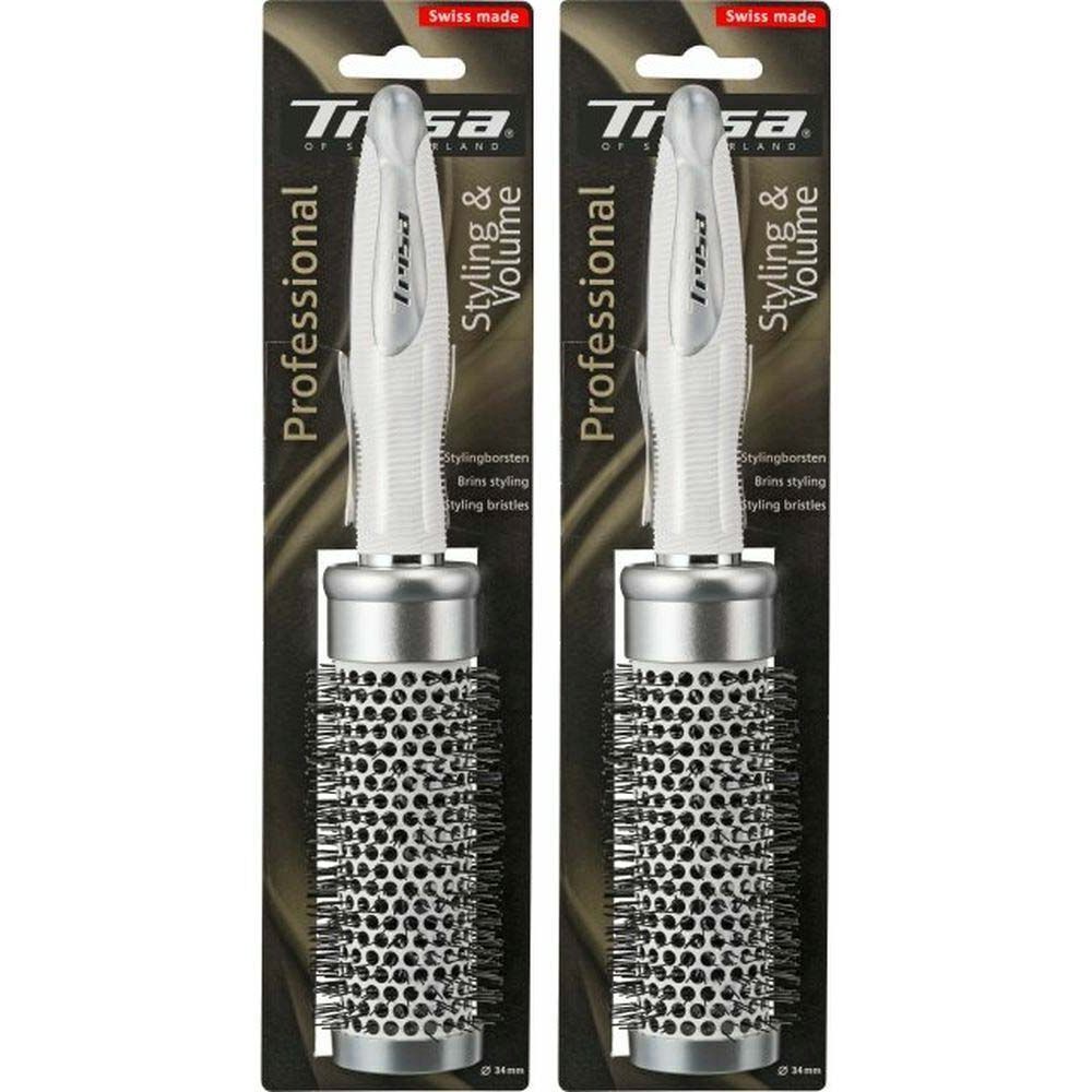 Deux brosses coiffantes. Cylindre métallique avec poils, manche blanc. Emballage avec logo de la marque et texte 'Professional'.