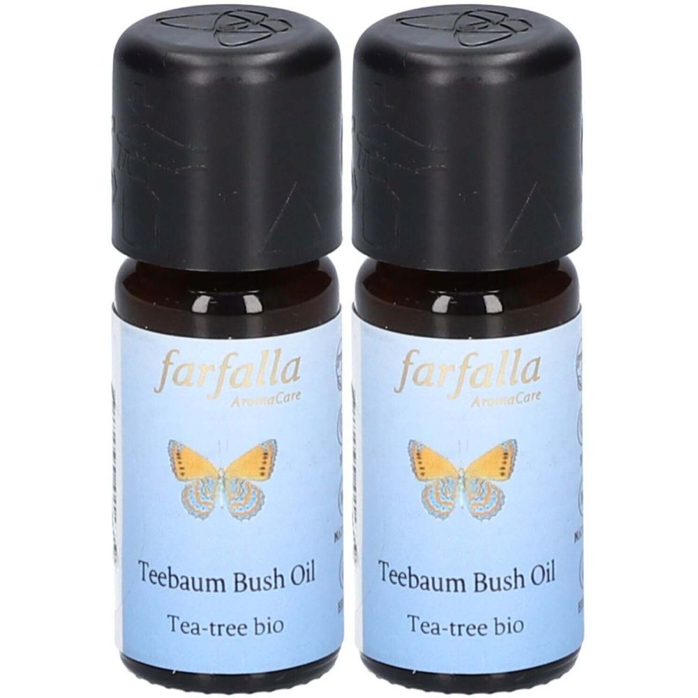 Deux petites bouteilles avec bouchons noirs. Les étiquettes indiquent "farfalla" et "Teebaum Bush Oil".