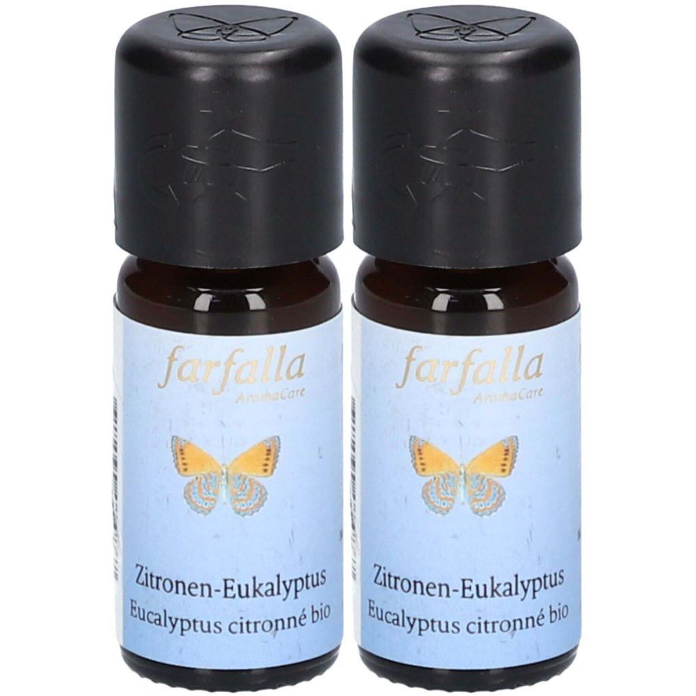 Deux flacons en verre brun avec des bouchons noirs. Les étiquettes indiquent "farfalla" et "Zitronen-Eukalyptus".