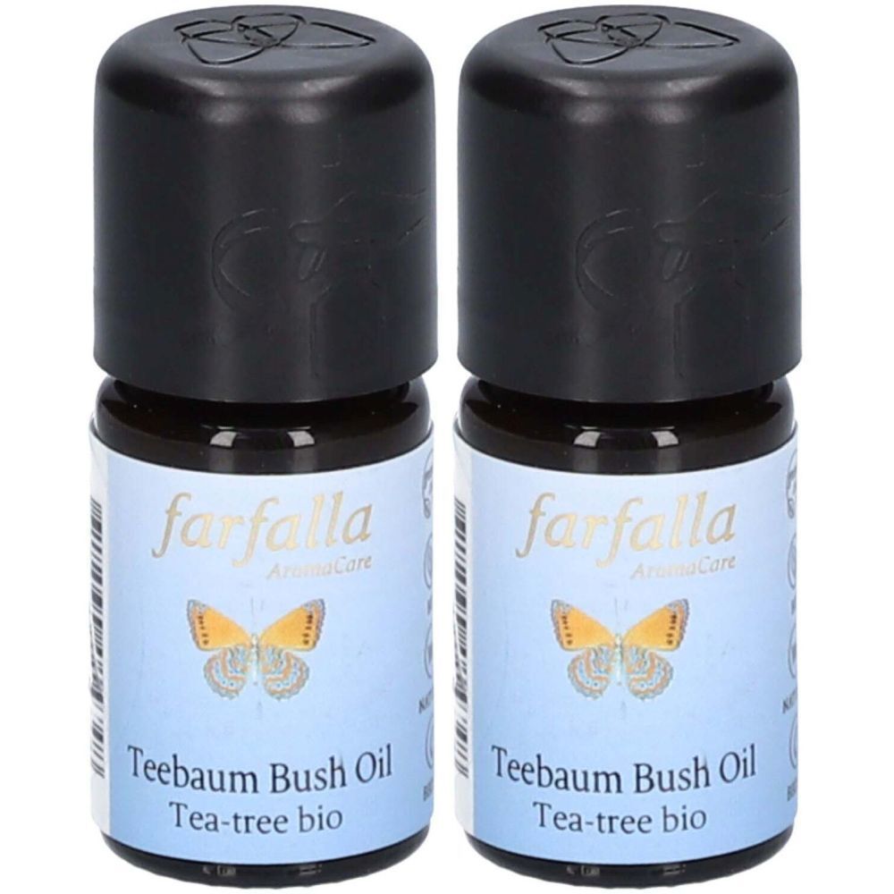 Deux petites bouteilles marron avec bouchons noirs. L'étiquette indique "farfalla" et "Teebaum Bush Oil".