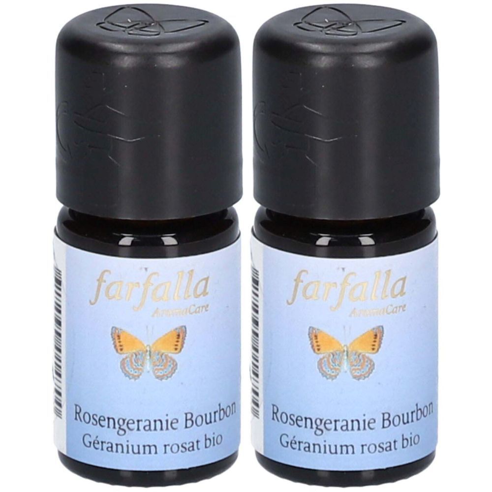 Deux flacons en verre avec bouchons noirs. Étiquettes avec "farfalla" et "Rosengeranie Bourbon".