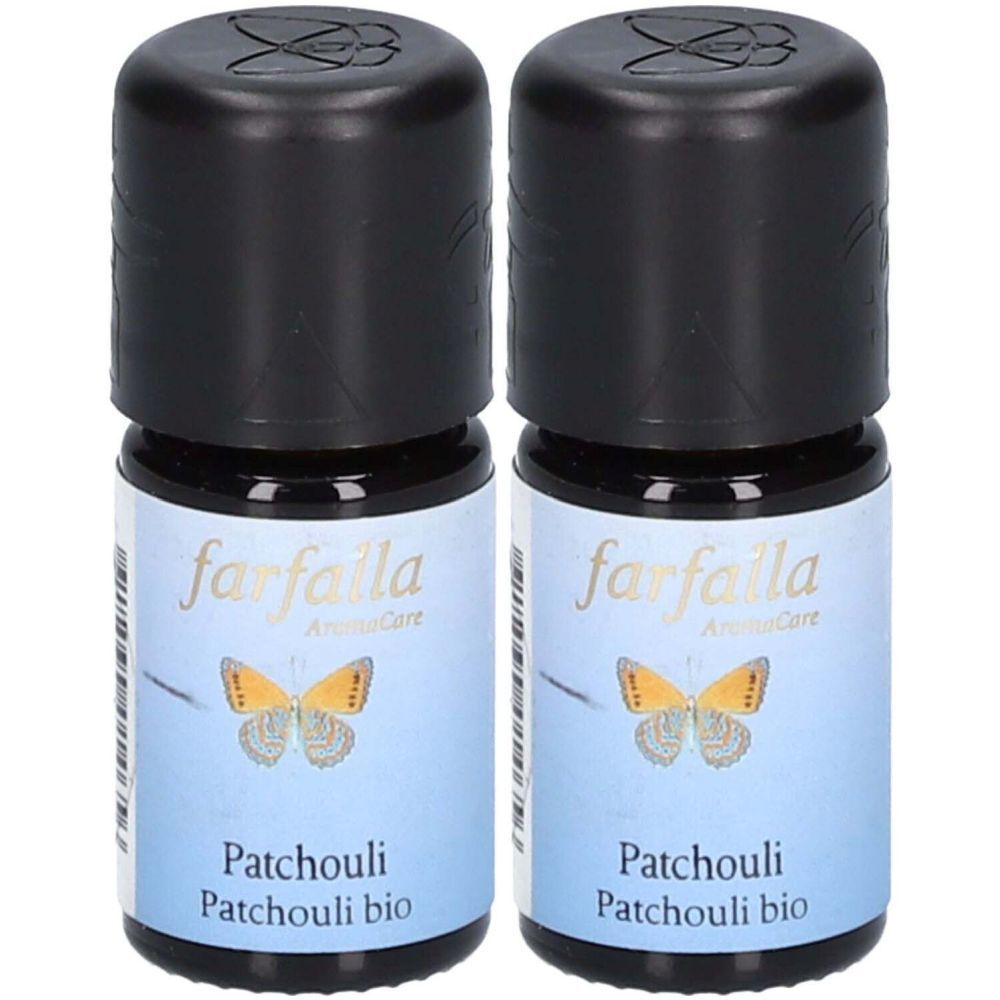 Deux flacons avec bouchons noirs. L'étiquette indique "farfalla AromaCare" et "Patchouli bio".