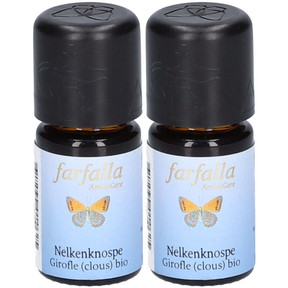 Deux flacons en verre brun avec bouchons noirs. Étiquettes avec "farfalla" et "Nelkenknospe".