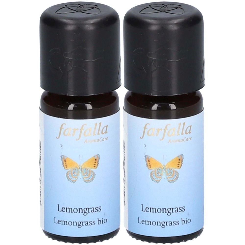 Deux petites bouteilles en verre marron avec des bouchons noirs. Les étiquettes indiquent "farfalla" et "Lemongrass bio".