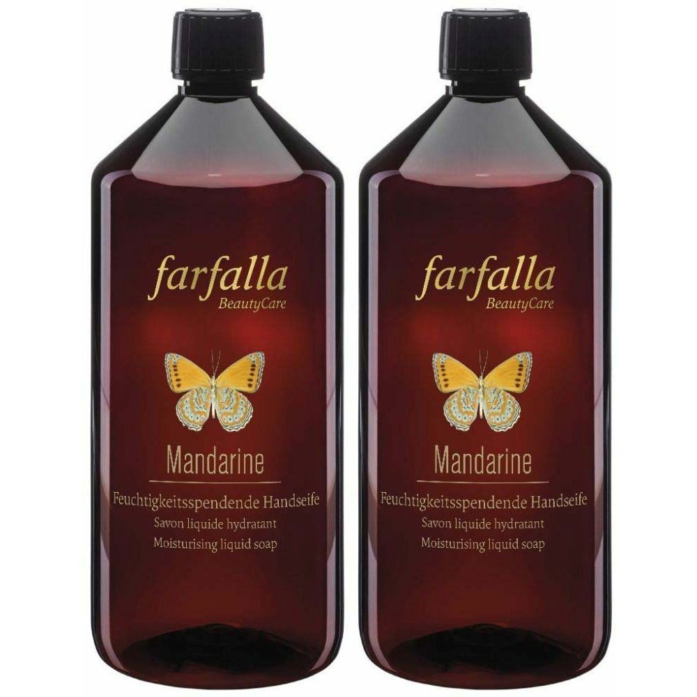 Deux flacons de savon liquide brun. Inscription : farfalla, Mandarine, Savon liquide hydratant. Avec motif papillon.