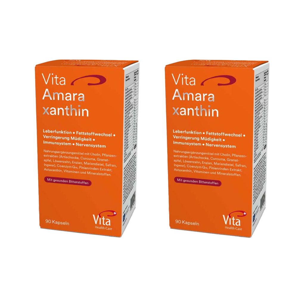 Deux boîtes rectangulaires avec texte rouge et blanc. Inscription : Vita amaraxanthin DTX.