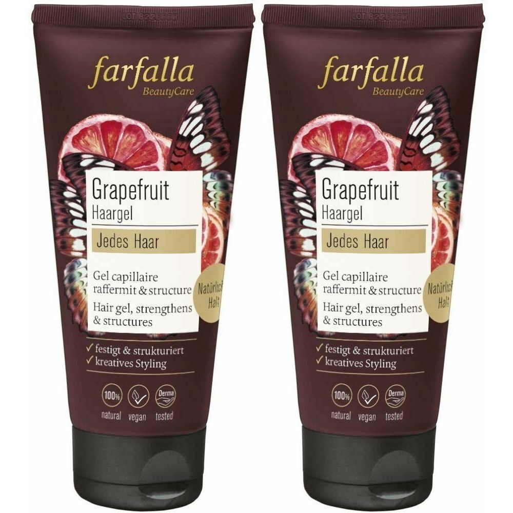 Deux tubes de gel capillaire. Inscription : farfalla BeautyCare, Grapefruit Haargel, Jedes Haar. Illustrations de pamplemousse et papillons.