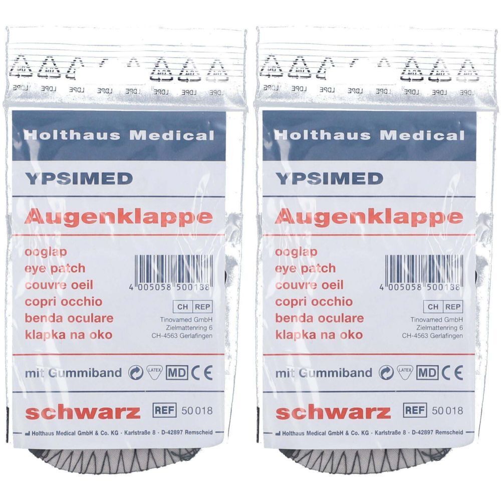 Deux cache-œil emballés. Inscription: YPSIMED Augenklappe, avec élastique, noir. Dispositif médical.