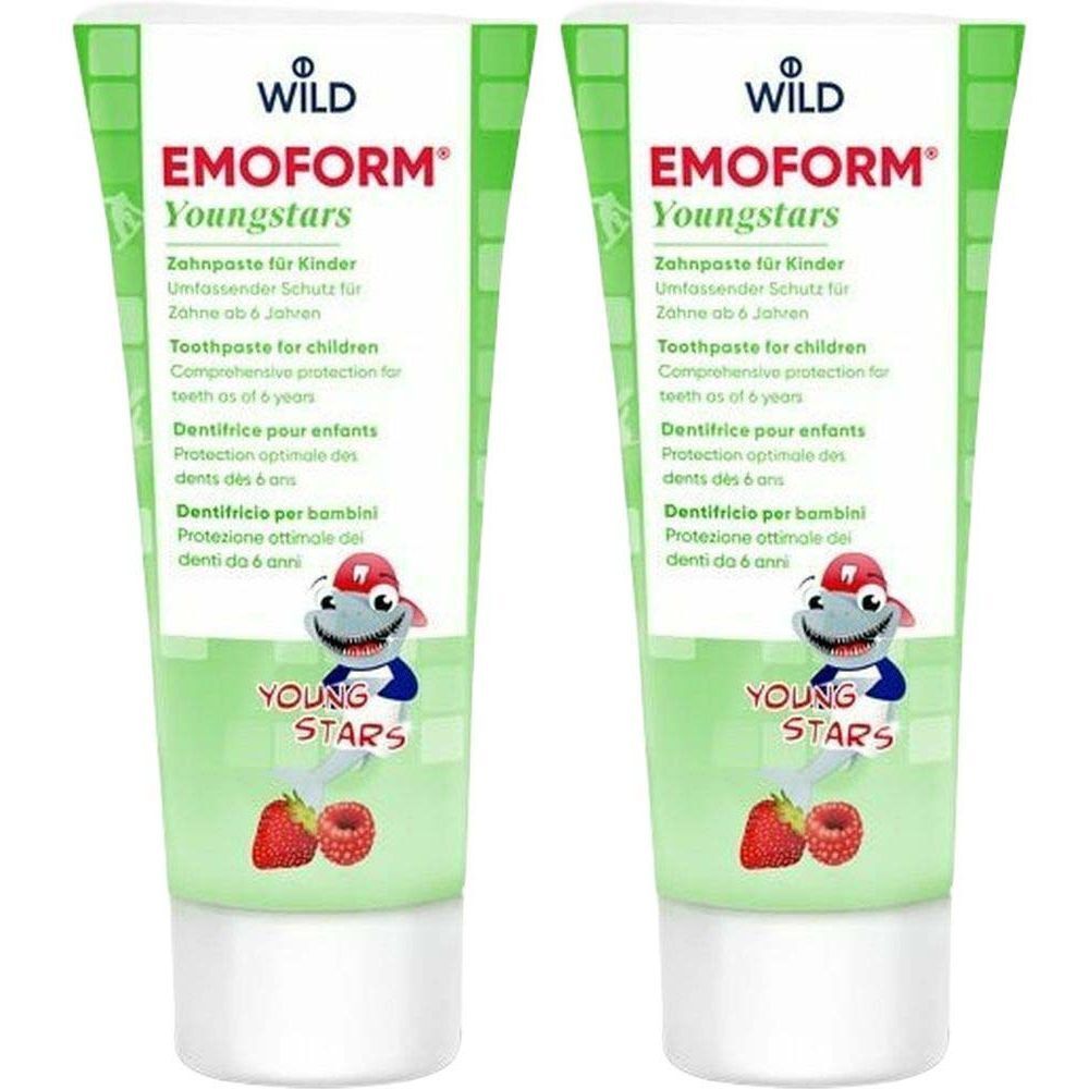 Deux tubes de dentifrice EMOFORM Youngstars pour enfants. Design vert et blanc avec personnage de dessin animé et fraises.