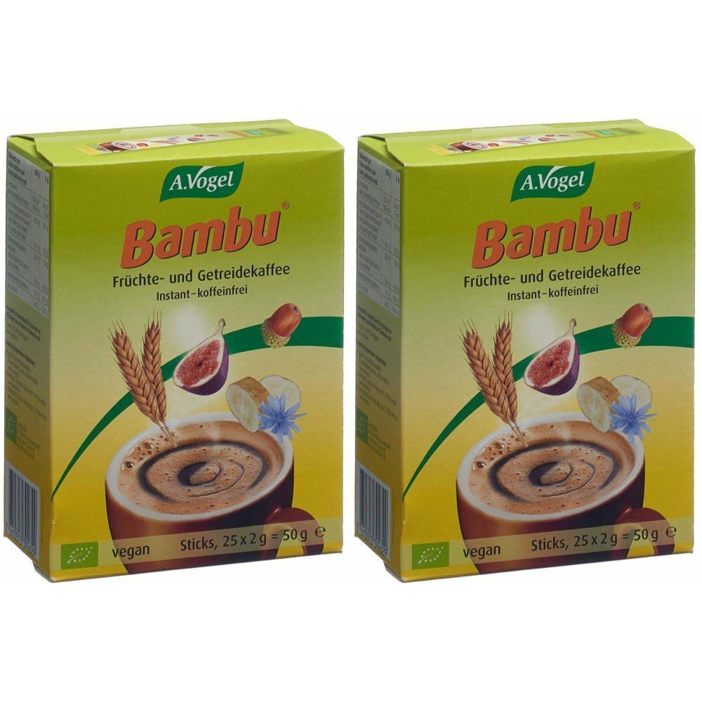 Deux boîtes de A. Vogel Bambu, café instantané aux fruits et céréales. Inscriptions : vegan, sticks, 25x2g 50g. Illustration de fruits et céréales.