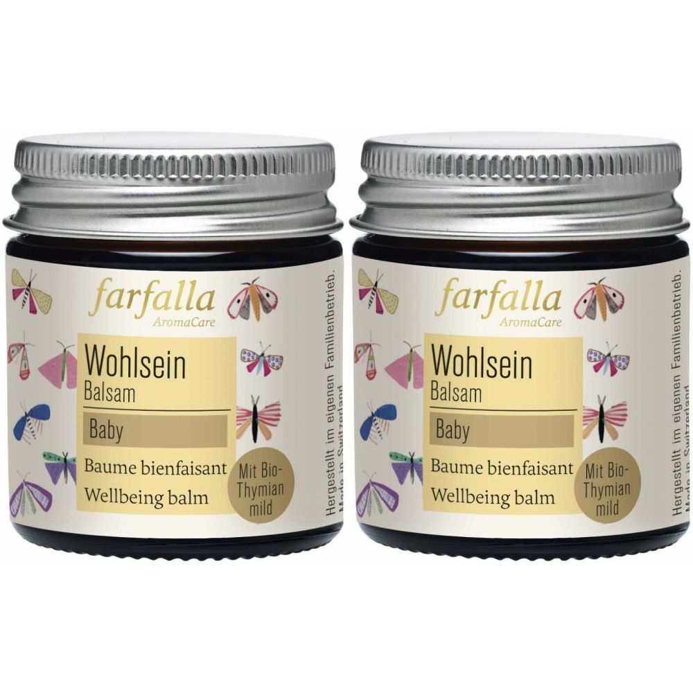 Deux pots de Baume bienfaisant avec couvercles. Inscription: farfalla AromaCare Wohlsein Balsam Baby. Avec thym bio doux.