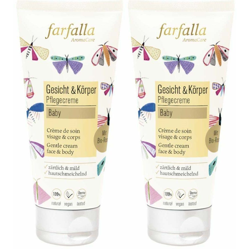 Deux tubes de crème avec logo farfalla et motifs papillons. Inscription : Gesicht & Körper Pflegecreme Baby.
