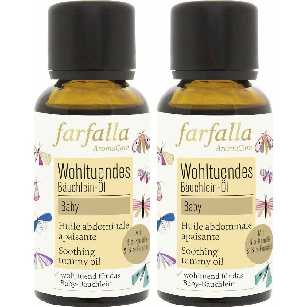 Deux flacons d'huile avec bouchon noir. Inscription: farfalla AromaCare Wohltuendes Bäuchlein-Öl Baby.